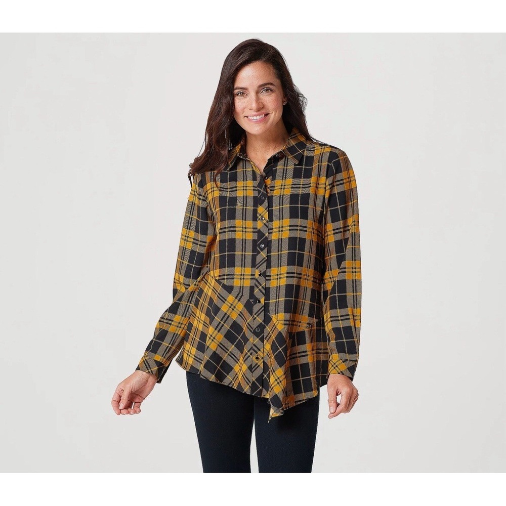 Susan Graver Printed Stretch Woven‎ Button-Front Top Gold Women Size XL